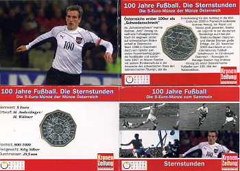 Австрия 5 евро 2004 100 лет австрийскому футболу, буклет KM 3113 серебро SPECIAL UNC 1-5-2-03