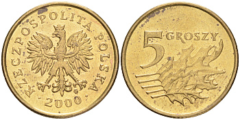 Польша 5 грошей 2000 MW KM 278, Parchimowicz 703g латунь 4516-1238