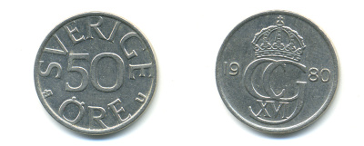 Швеция 50 эре 1980 U, Карл XVI Густав (1973- ) KM 855 медно-никель 4379-634