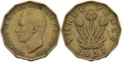Великобритания 3 пенса 1937 Георг VI (1936-1952) KM 849, Spink 4112 никель латунь 4153-716