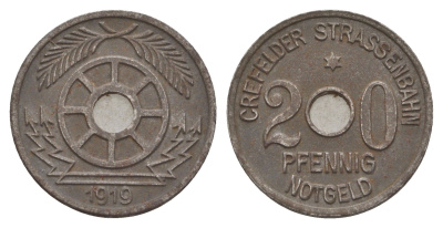 Крефельд 20 пфеннигов 1919 Men05 4697.3, Men18 5908.3 железо 4657-1057