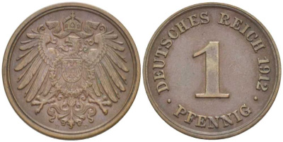 ГЕРМАНИЯ 1 ПФЕННИГ 1912 D KM 10, J. 10, Weege 2 медь 211-453