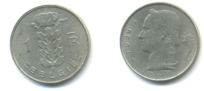 БЕЛЬГИЯ 1 ФРАНК 1956 BELGIE KM 143.1 медно-никель 86-1322