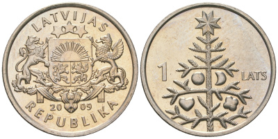 Латвия 1 лат 2009 рождественская ель KM 106 медно-никель UNC 66-546