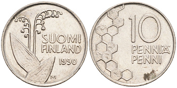 ФИНЛЯНДИЯ 10 ПЕННИ 1990 М, ЛАНДЫШ KM 65 медно-никель 192-1138