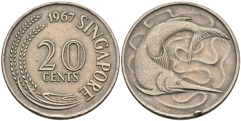 СИНГАПУР 20 ЦЕНТОВ 1967 ГОЛУБОЙ МАРЛИН, ТУНЕЦ KM 4 медно-никель 4589-437