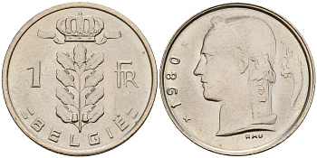 Бельгия 1 франк 1980 Belgie KM 143.1 медно-никель  UNC  4187-215
