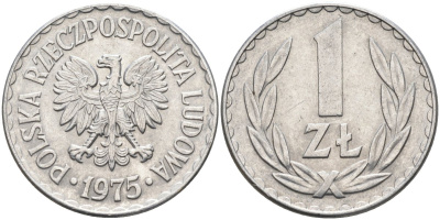Польша 1 злотый 1975 Народная Республика, монетный двор Кремница KM 49.1, Parchimowicz 213m алюминий 3856-822