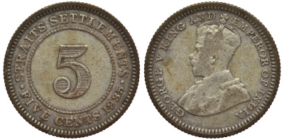 Стрейтс-Сетлментс 5 центов 1935 Георг V (1910-1936) КМ 36 серебро 53-563