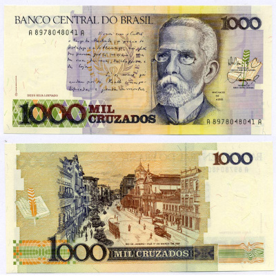 БРАЗИЛИЯ 1000 КРУЗАДО 1988 МАЧАДО де АССИС, ПОПИСЬ 26, СЕРИЯ А Pick 213b бумага UNC (ПРЕСС) 8611-37-1-2