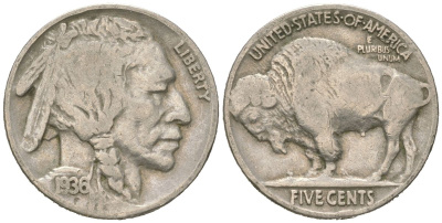 США 5 центов 1936 индеец, бизон KM 134 медно-никель 4614-1234