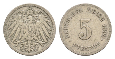 Германия 5 пфеннигов 1898 G, Вильгельм II (1888-1918) KM 11, J. 12 медно-никель 4639-1266