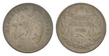 Чили 20 сентаво 1908 KM 151.3 серебро 4649-556