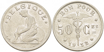 Бельгия 50 сантимов 1932 Belgique, Альберт I (1909-1934) KM 87 никель     261-1636