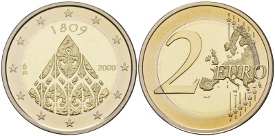 Финляндия 2 евро 2009 200 лет автономии, в оригинальной коробке, с сертификатом, тираж 25000 экз. KM 149 биметалл  PROOF  5-4-4-24