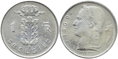 БЕЛЬГИЯ 1 ФРАНК 1969 BELGIE KM 143.1 медно-никель 4388-1221