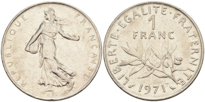 Франция 1 франк 1971 сеятель, тип Semeuse KM 925, Le Franc 226.16 никель 4592-1115
