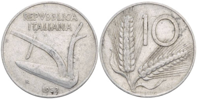 ИТАЛИЯ 10 ЛИР 1952 R, КОЛОСЬЯ, ПЛУГ KM 93 алюминий 4551-152