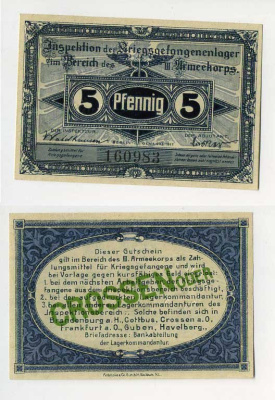 Германия 5 пфеннигов 1917 инспекция лагерей военнопленных в Кроссене, III-ий Армейский корпус C-2846 бумага UNC (пресс) 000-00-00