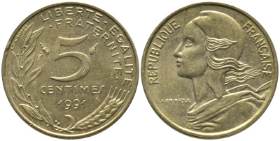 ФРАНЦИЯ 5 САНТИМОВ 1991 ТИП MARIANNE KM 933 медь алюминий никель 99-1124