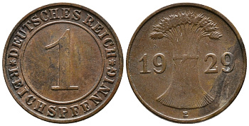 ГЕРМАНИЯ 1 РЕЙХСПФЕННИГ 1929 E KM 37, J. 313 бронза 39-1013
