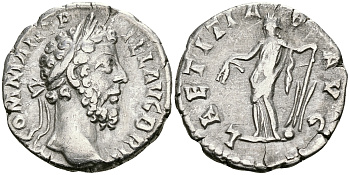 Римская Империя денарий 189 Коммод LAETITIAE AVG Летиция, персонификация Радости Рим Good Very fine RIC 201 серебро 1073-4-6-5