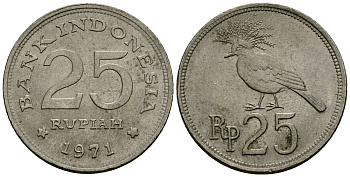Индонезия 25 рупий 1971 венценосный голубь KM 34 медно-никель 4136-1046