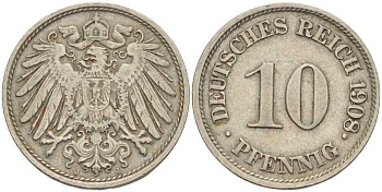 ГЕРМАНИЯ 10 ПФЕННИГОВ 1908 J KM 12, J. 13 медно-никель 31-546