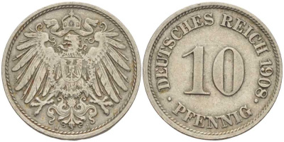 ГЕРМАНИЯ 10 ПФЕННИГОВ 1908 J KM 12, J. 13 медно-никель 31-546