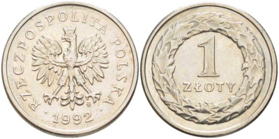 ПОЛЬША 1 ЗЛОТЫЙ 1992 MW KM 282 медно-никель 51-852