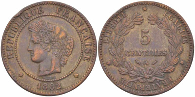 ФРАНЦИЯ 5 САНТИМОВ 1882 А, ТРЕТЬЯ РЕСПУБЛИКА (1871-1940) KM 821.1, LE FRANC 118.24 бронза 108-631