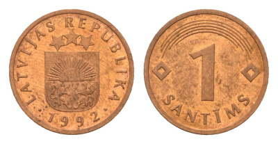 Латвия 1 сантим 1992 KM 15 сталь плакированная медью aUNC 105-444