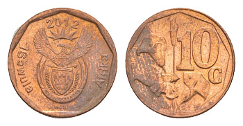 ЮАР 10 центов 2012 герб, цветок алоэ KM 530 сталь плакированная медью 4618-111