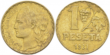 ИСПАНИЯ 1 ПЕСЕТА 1937 ВТОРАЯ РЕСПУБЛИКА (1931-1939) KM 755 латунь 186-141