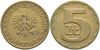 Польша 5 злотых 1976 монетный двор Ленинград (ЛМД) KM 81.1, Parchimowicz 221b латунь 3856-1114