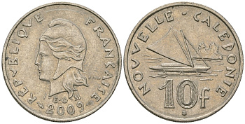 Французская Новая Каледония 10 франков 2009 рыбачья парусная лодка, (IEOM) KM 11a, Schoen 13a, Lec 99k медно-никель 61-1115