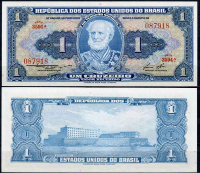 Бразилия 1 крузейро ND (1954-1958) серия 3594 A, Жуакин Маркес Лисбон Pick 150 c бумага UNC (пресс) 2196-40-2-1