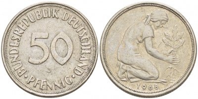 ФРГ 50 ПФЕННИГОВ 1968 J, KM 109.1, J. 384 медно-никель 4396-1664