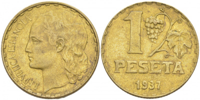 ИСПАНИЯ 1 ПЕСЕТА 1937 ВТОРАЯ РЕСПУБЛИКА (1931-1939) KM 755 латунь 186-141