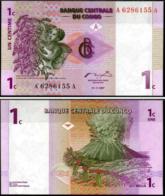 ДР Конго 1 сантим 1997 вулкан, сбор кофе Pick 80 a бумага UNC (пресс) 7221-34-1-1
