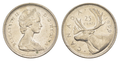 Канада 25 центов 1969 Елизавета II (1952-2022), олень KM 62b никель 4637-814