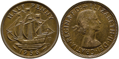 Великобритания 1/2 пенни 1956 Елизавета II (1952-2022) KM 896, Spink 4158 бронза 4390-152