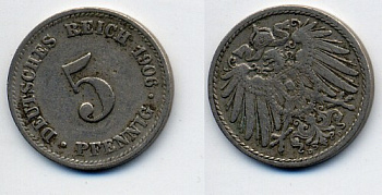 ГЕРМАНИЯ 5 ПФЕННИГОВ 1906 A, KM 11, J. 12 медно-никель 76-217