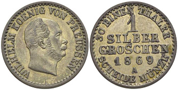 Пруссия 1 серебряный грош 1869 A, Вильгельм I (1861-1888) KM 485, Olding 415, AKS 103, J.89 серебро 201-646