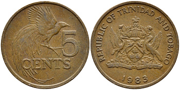 Тринидад и Тобаго 5 центов 1983 райская птица KM 30 бронза 4398-136
