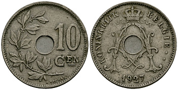 Бельгия 10 сантимов 1927 KM 53 медно-никель 4177-1057