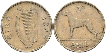 ИРЛАНДИЯ 6 ПЕНСОВ 1947 ИРЛАНДСКИЙ ВОЛКОДАВ KM 13а медно-никель 4591-753