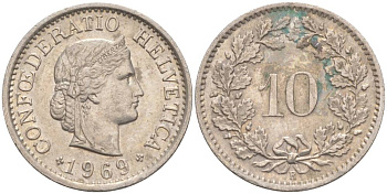 ШВЕЙЦАРИЯ 10 РАППЕНОВ 1969 В KM 27 медно-никель 55-417