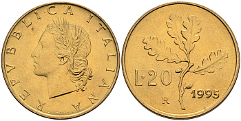 Италия 20 лир 1995 R, дубовый лист KM 97.2 алюминиевая бронза  UNC  4594-944
