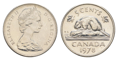 Канада 5 центов 1978 Елизавета II (1952-2022), бобр KM 60.1 никель PROOF-LIKE (BU) 4630-951